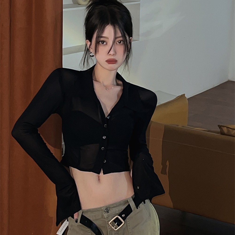Casual V Neck Long Sleeve Crop Top Women's Retro Mesh Shirt for Fall Season - Picture 12 of 20