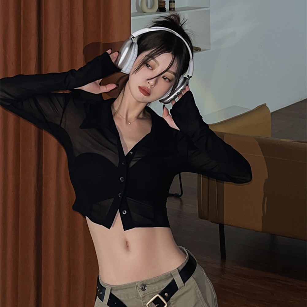 Casual V Neck Long Sleeve Crop Top Women's Retro Mesh Shirt for Fall Season - Picture 16 of 20