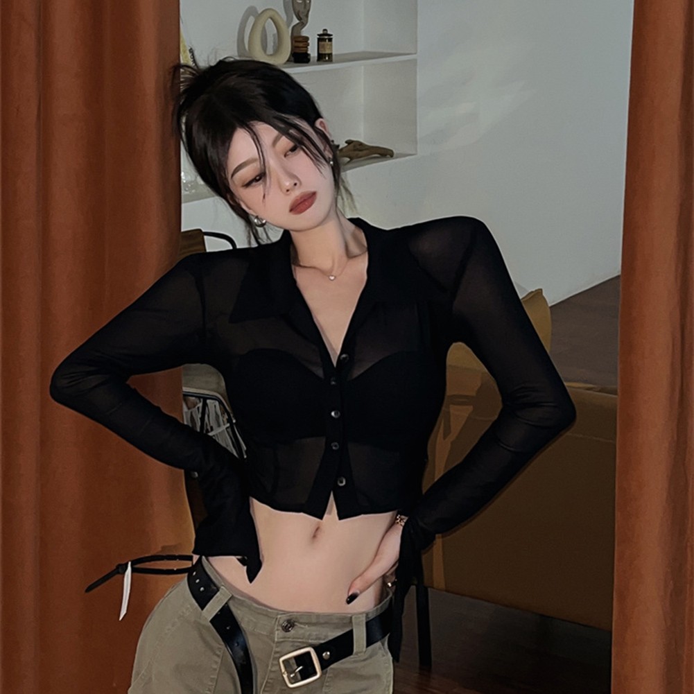 Casual V Neck Long Sleeve Crop Top Women's Retro Mesh Shirt for Fall Season - Picture 15 of 20