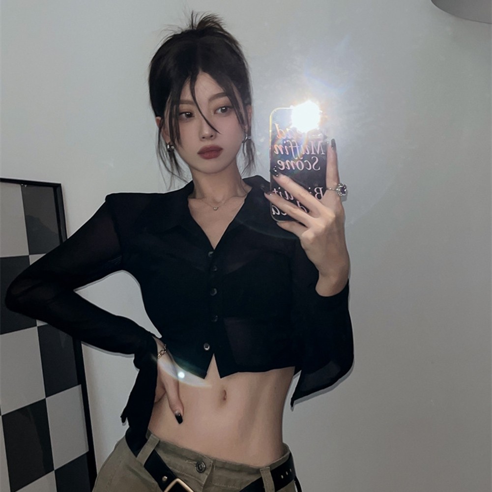 Casual V Neck Long Sleeve Crop Top Women's Retro Mesh Shirt for Fall Season - Picture 17 of 20