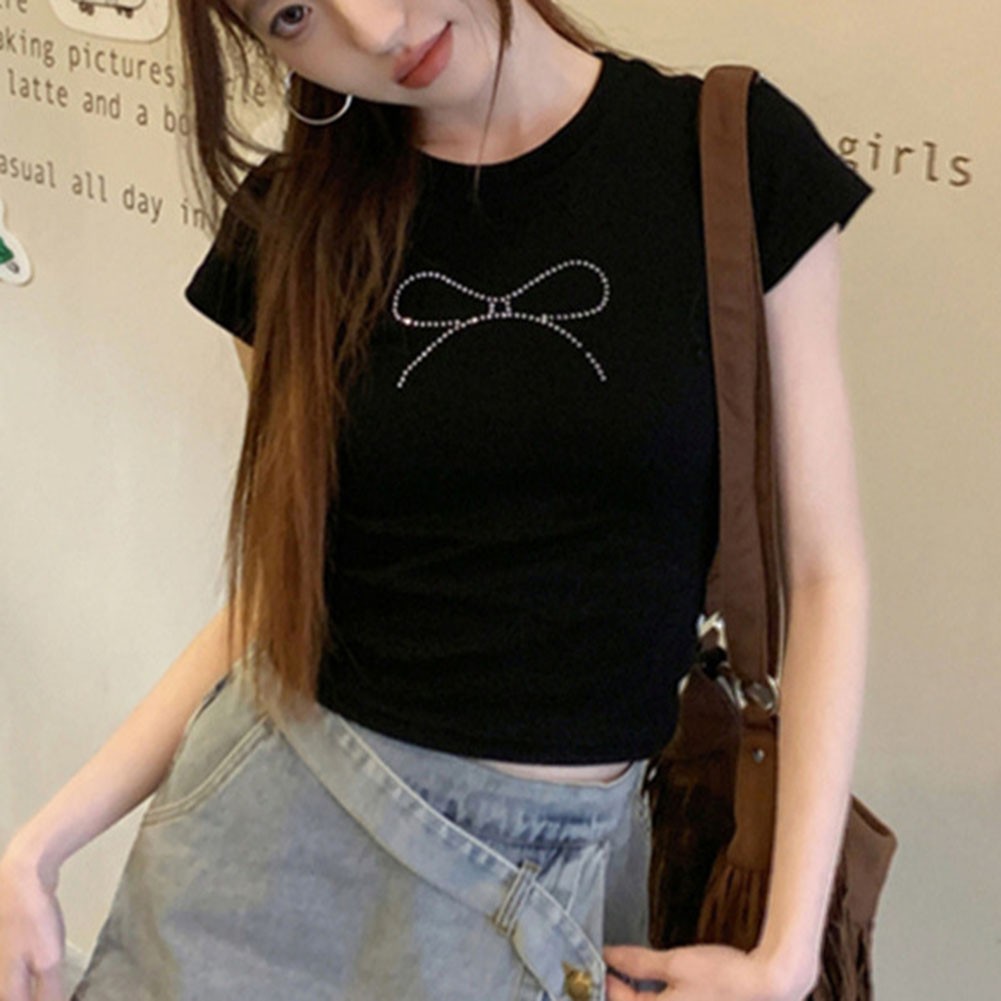 Womens Gothic O Neck T Shirt Summer Retro with Bow Tie and Rhinestones - Picture 22 of 23