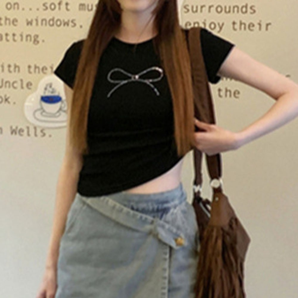 Womens Gothic O Neck T Shirt Summer Retro with Bow Tie and Rhinestones - Picture 18 of 23