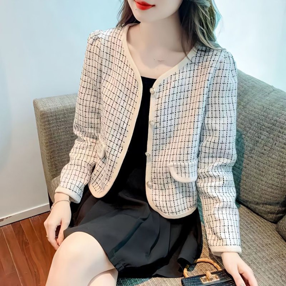 Trendy Black and White Womens Long Sleeve Plaid Jacket For Casual Days - Picture 13 of 20