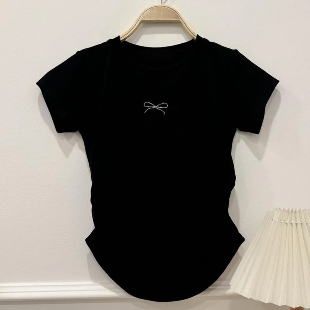 Ladies Slim Fit T Shirt Featuring a Bowknot and Round Neck for All Seasons - Picture 11 of 17