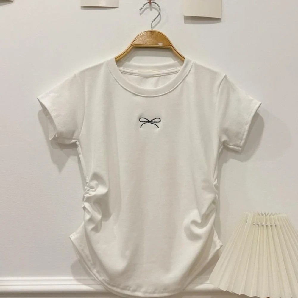 Ladies Slim Fit T Shirt Featuring a Bowknot and Round Neck for All Seasons - Picture 17 of 17