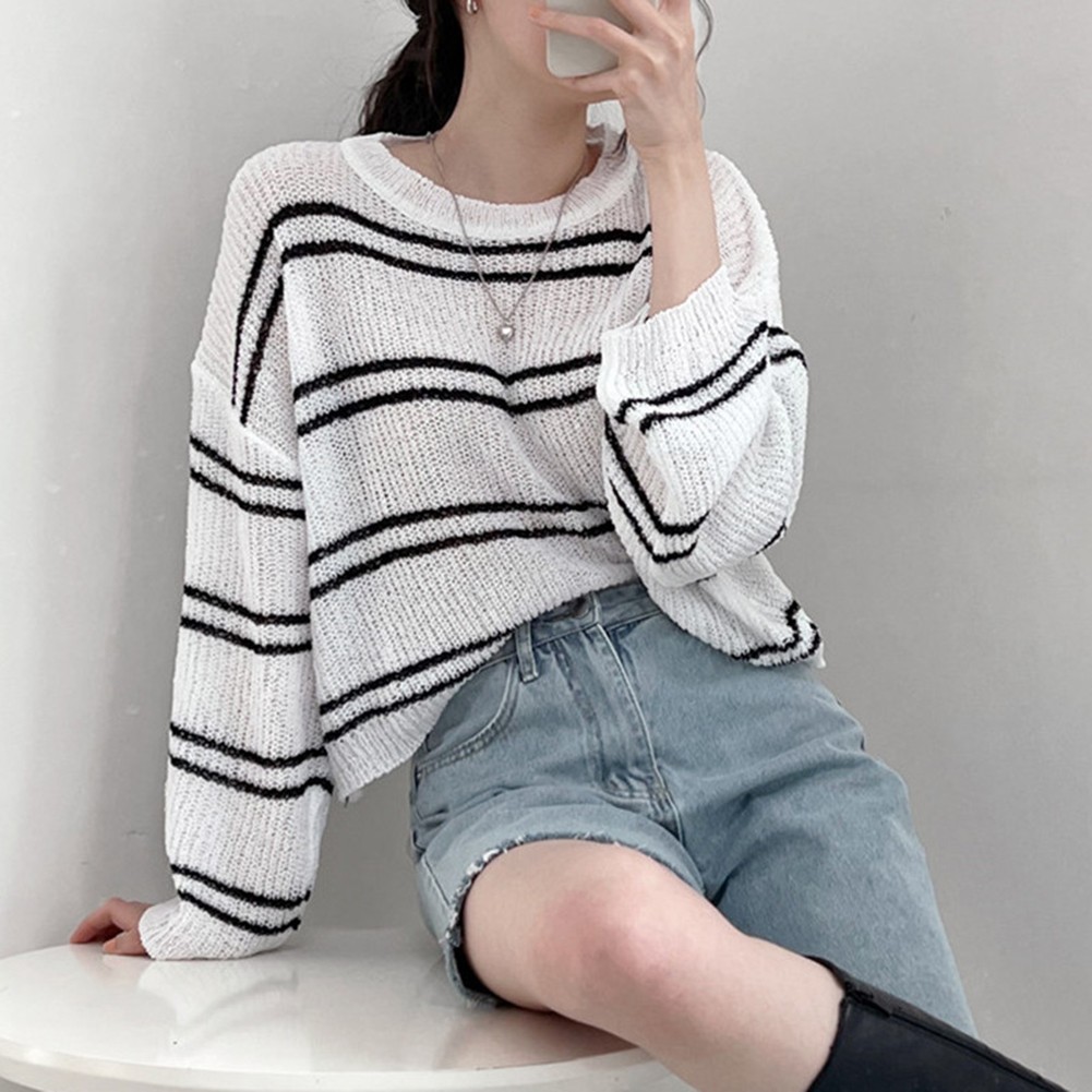 Fashionable Womens Long Sleeve Sweater with Stylish Stripes for Casual Look - Picture 8 of 13