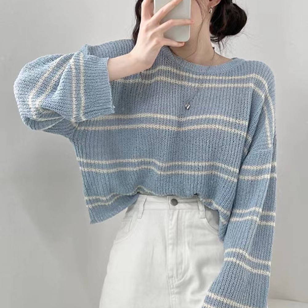 Fashionable Womens Long Sleeve Sweater with Stylish Stripes for Casual Look - Picture 10 of 13