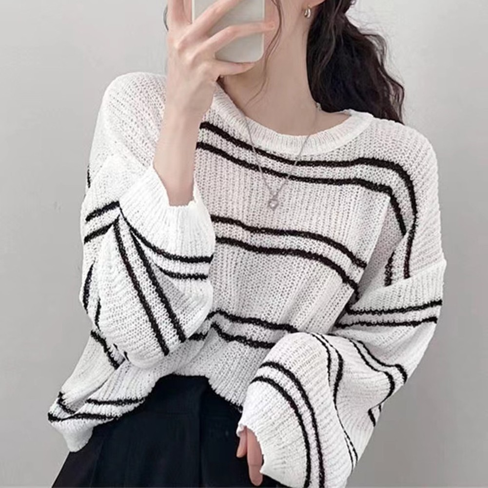 Fashionable Womens Long Sleeve Sweater with Stylish Stripes for Casual Look - Picture 7 of 13