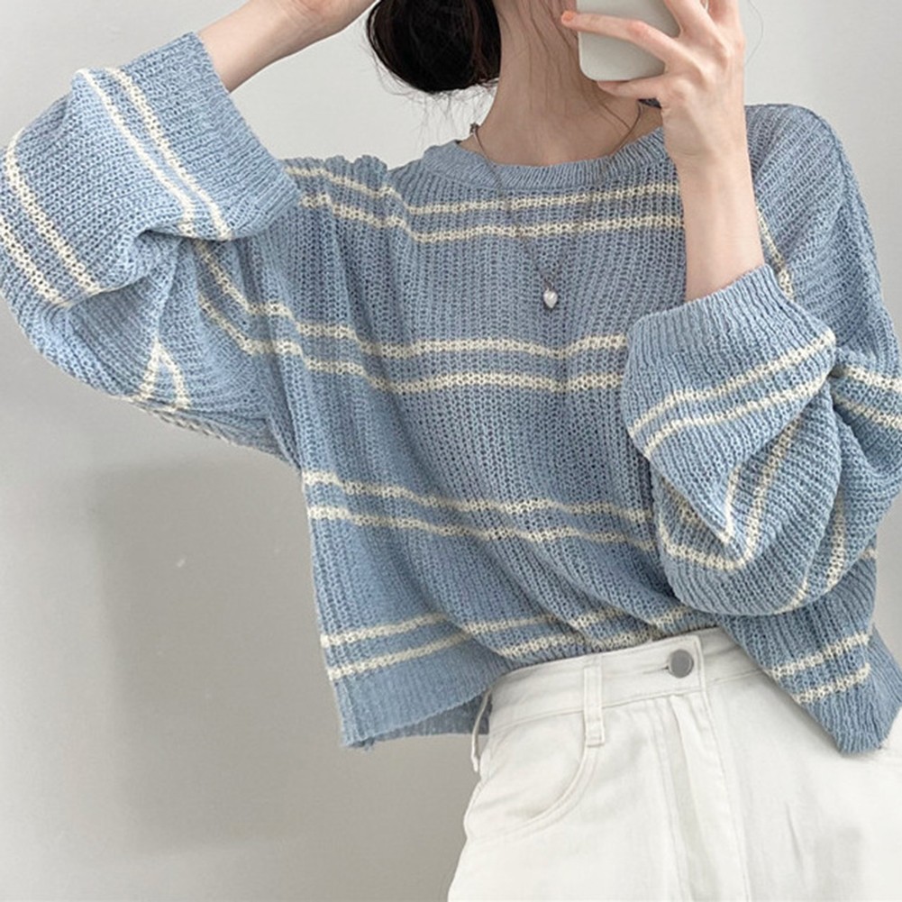 Fashionable Womens Long Sleeve Sweater with Stylish Stripes for Casual Look - Picture 11 of 13