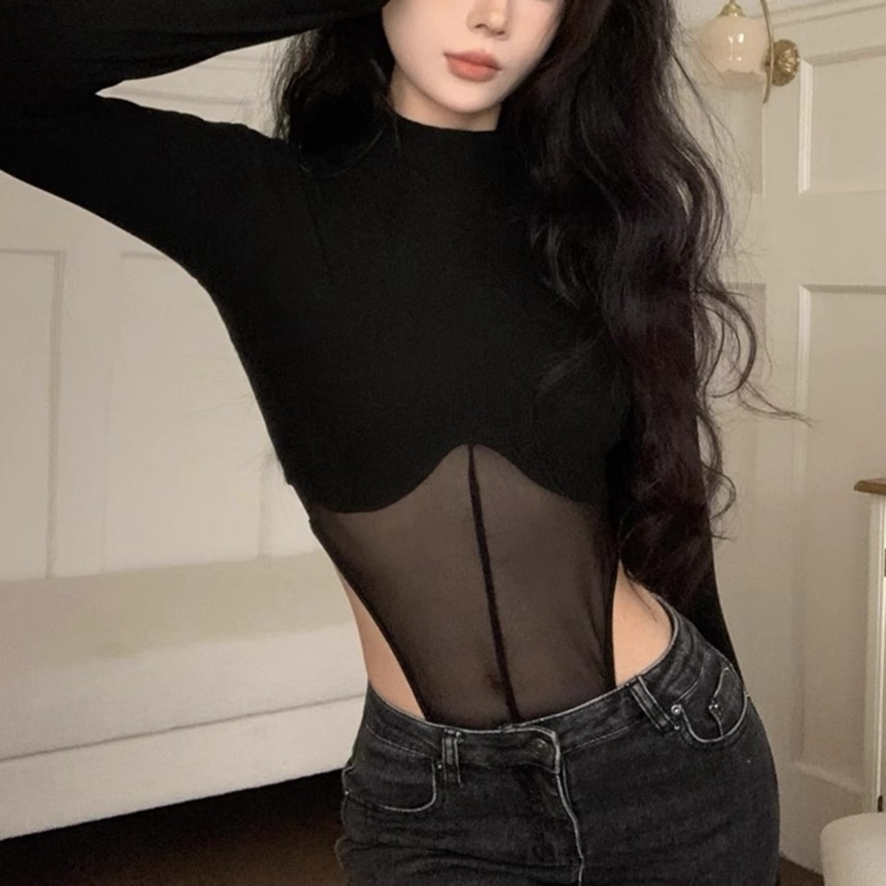 Womens Unique Casual Top Long Sleeve Bodysuit with Fashionable Mesh Design - Picture 22 of 60
