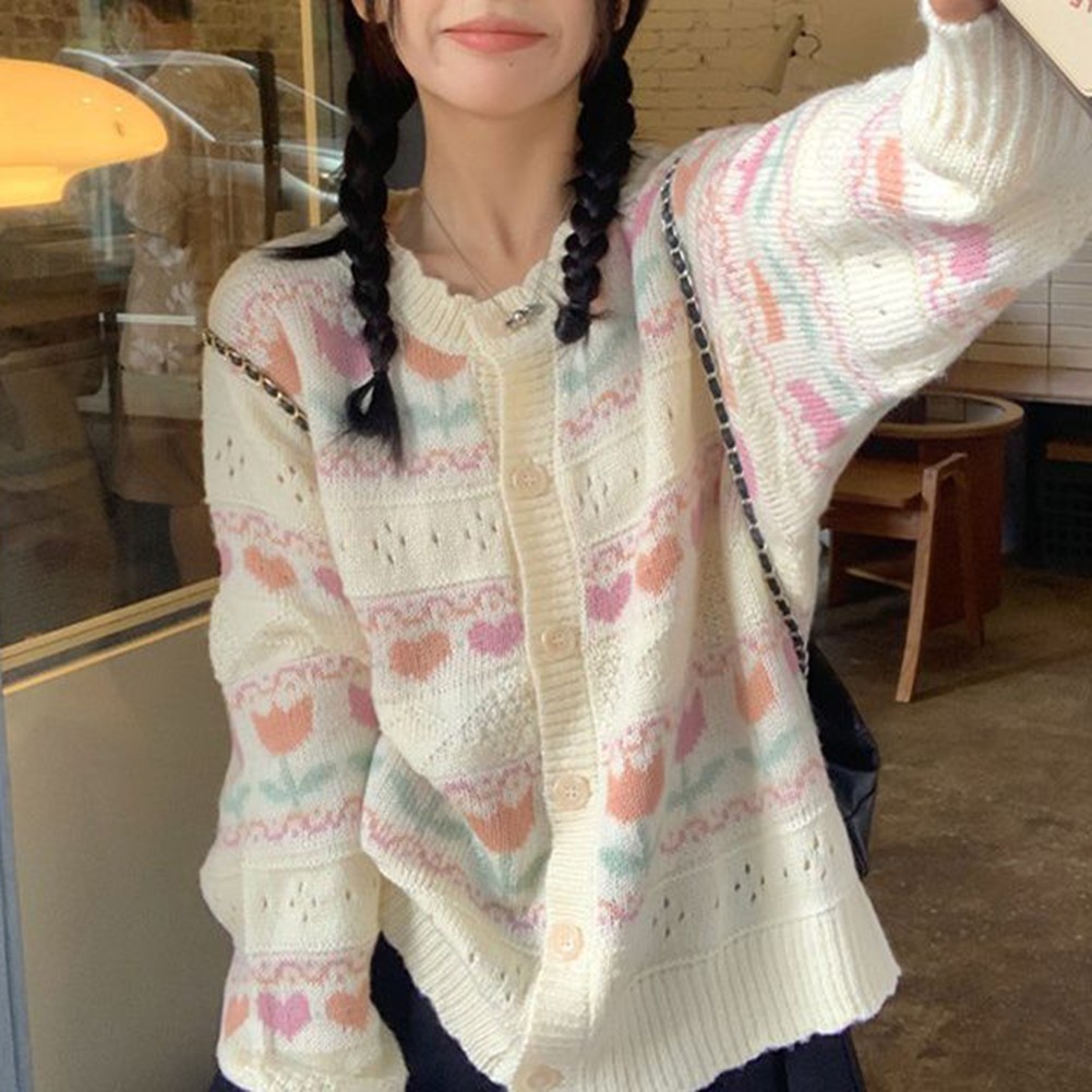 Womens Casual Knitted Cardigan with Retro Love Jacquard and Hollow Design - Picture 13 of 21