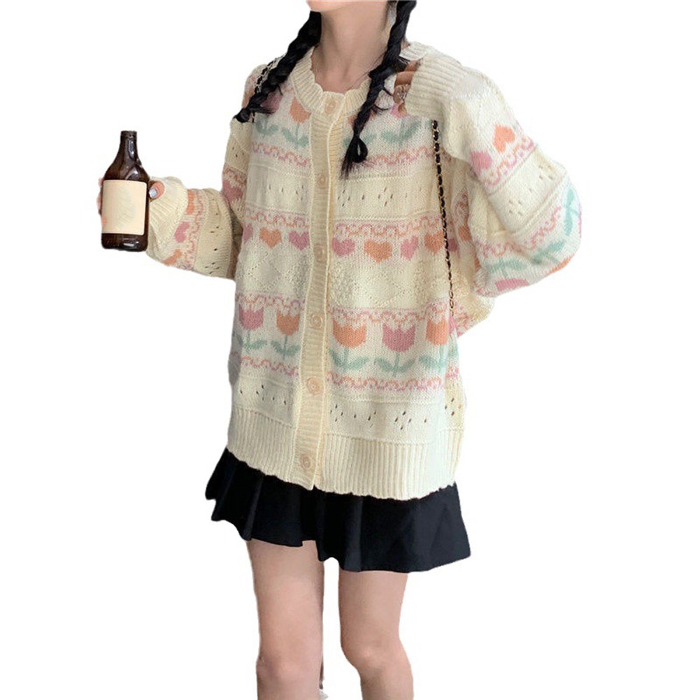 Womens Casual Knitted Cardigan with Retro Love Jacquard and Hollow Design - Picture 18 of 21