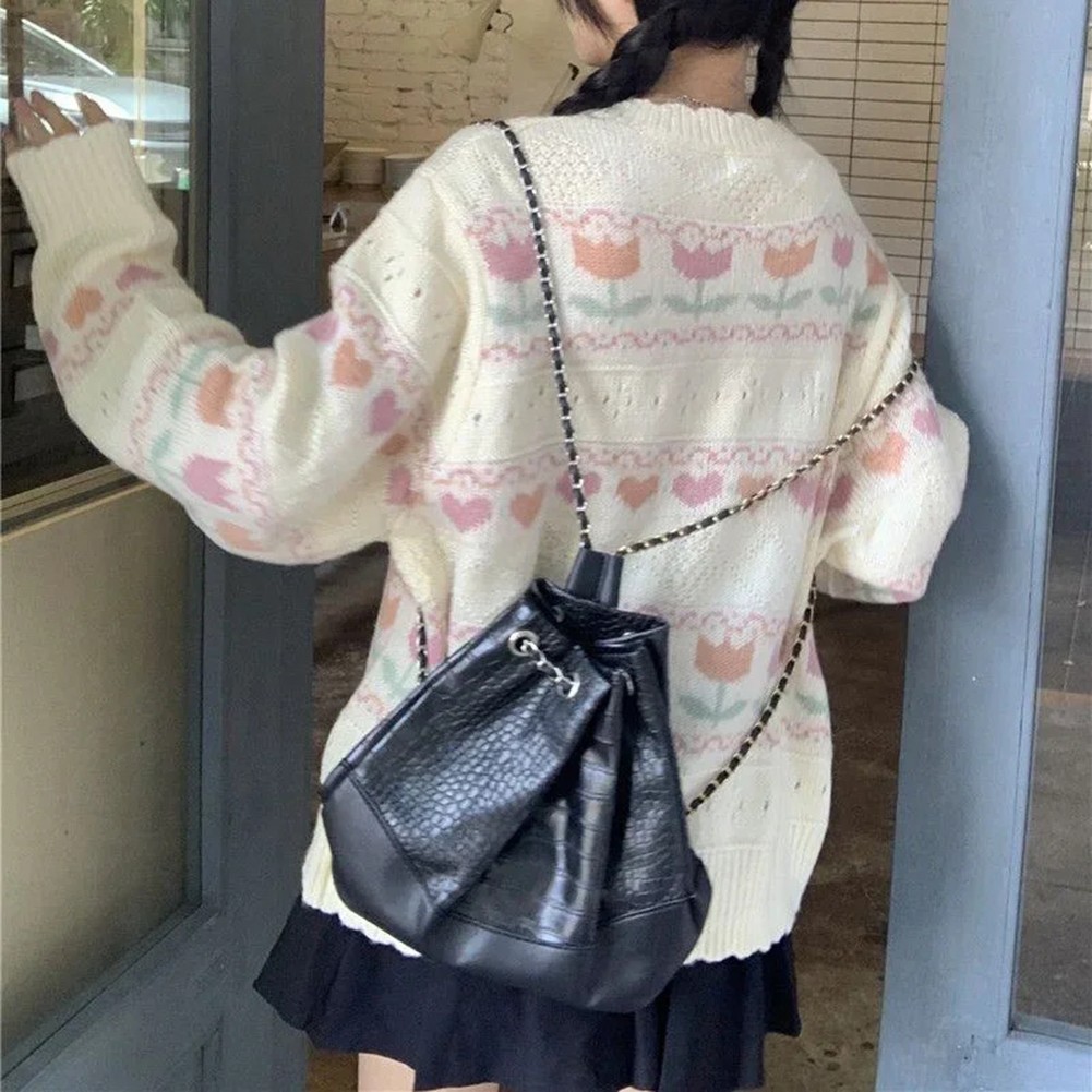 Womens Casual Knitted Cardigan with Retro Love Jacquard and Hollow Design - Picture 20 of 21