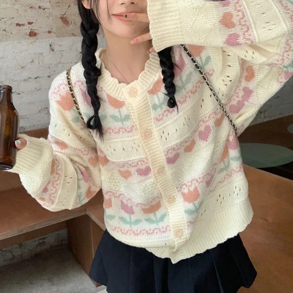 Womens Casual Knitted Cardigan with Retro Love Jacquard and Hollow Design - Picture 19 of 21