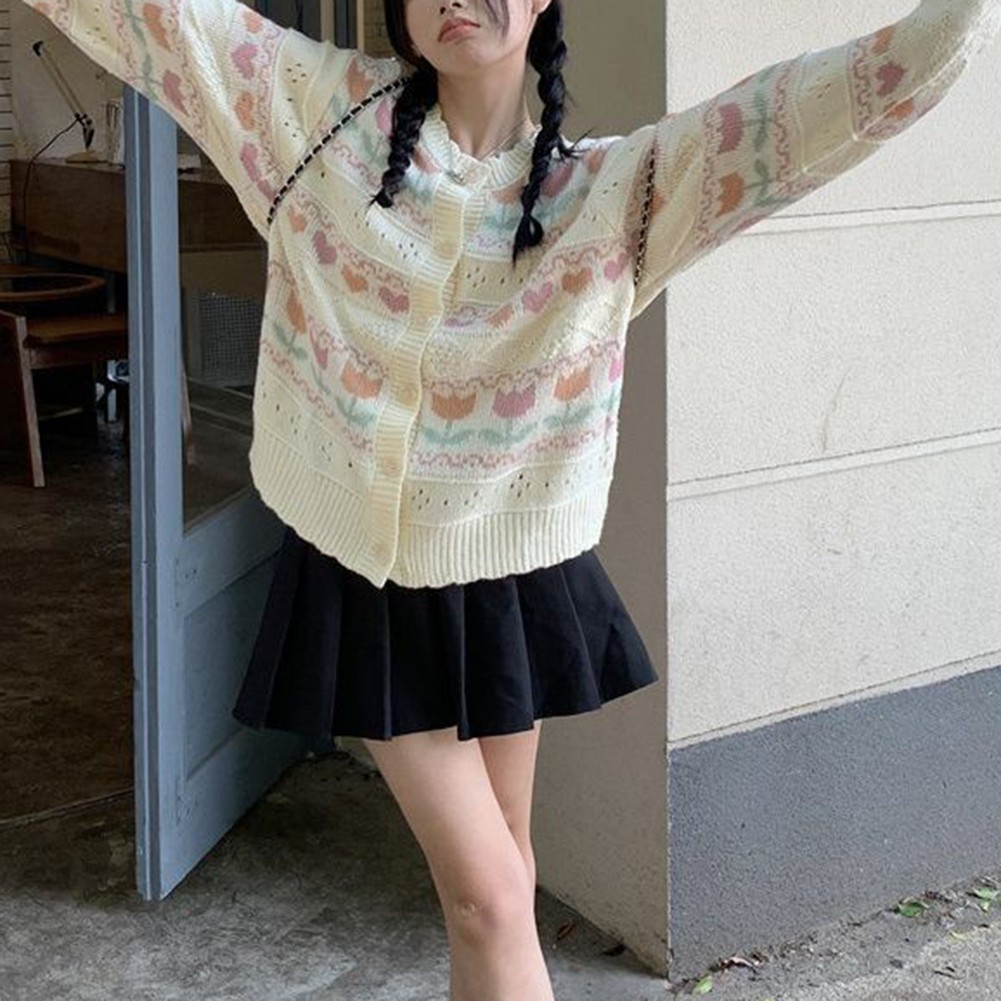 Womens Casual Knitted Cardigan with Retro Love Jacquard and Hollow Design - Picture 15 of 21