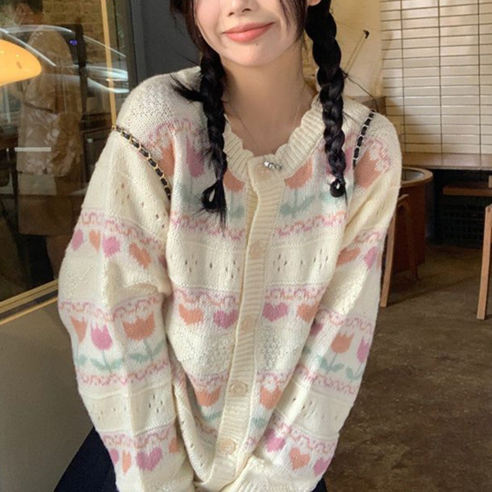 Womens Casual Knitted Cardigan with Retro Love Jacquard and Hollow Design - Picture 17 of 21