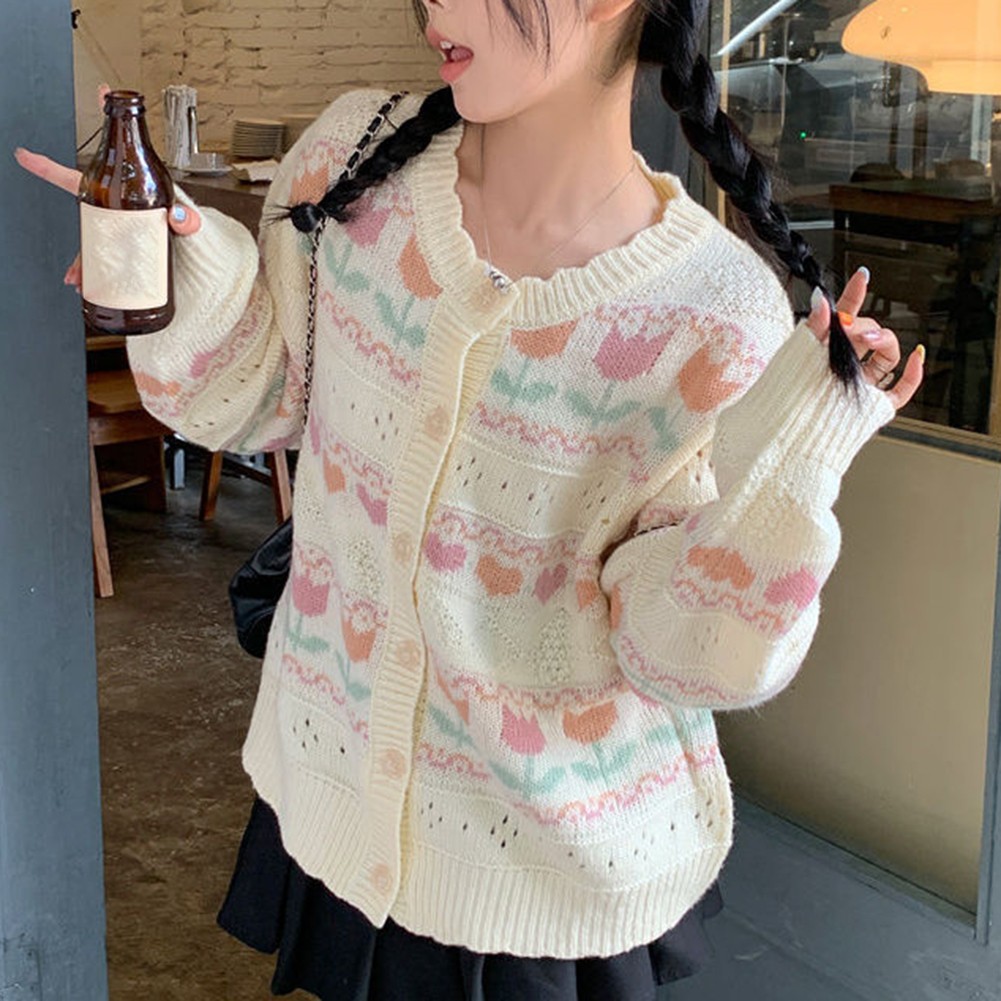 Womens Casual Knitted Cardigan with Retro Love Jacquard and Hollow Design - Picture 16 of 21