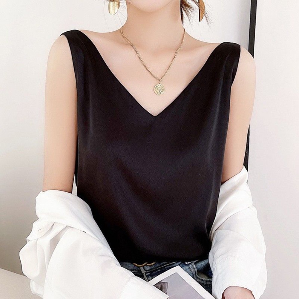 Womens Lightweight Satin T Shirt Casual Sleeveless Style for Spring 2024