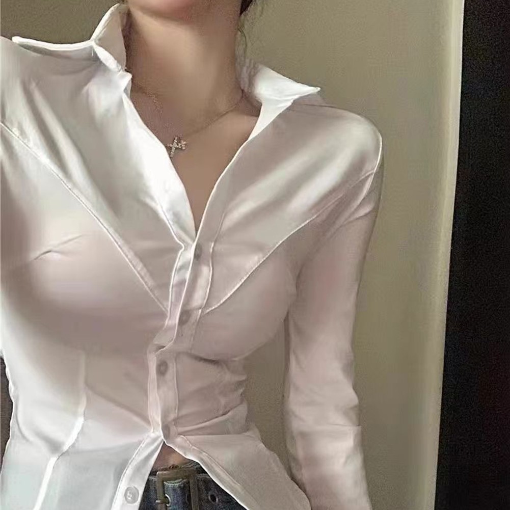 Stylish and Comfortable Women's Vintage Long Sleeve Fitted Shirt White - Picture 19 of 54