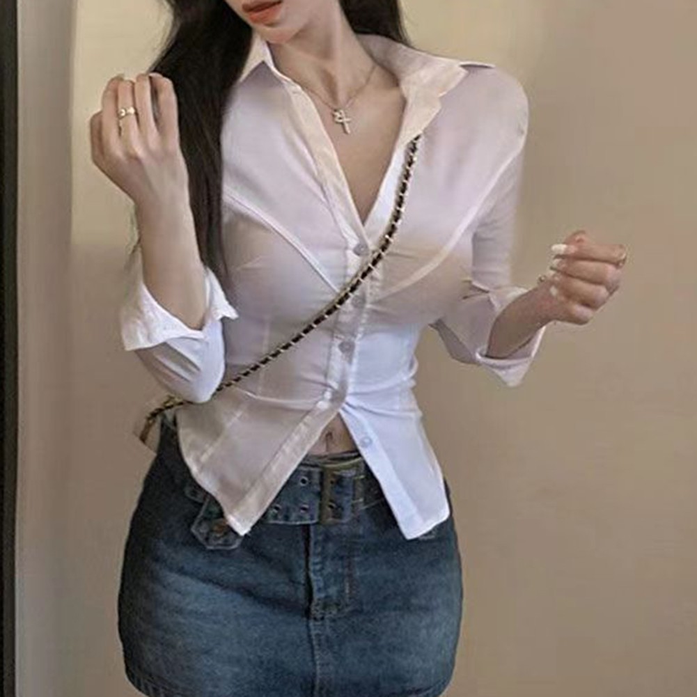 Stylish and Comfortable Women's Vintage Long Sleeve Fitted Shirt White - Picture 17 of 54