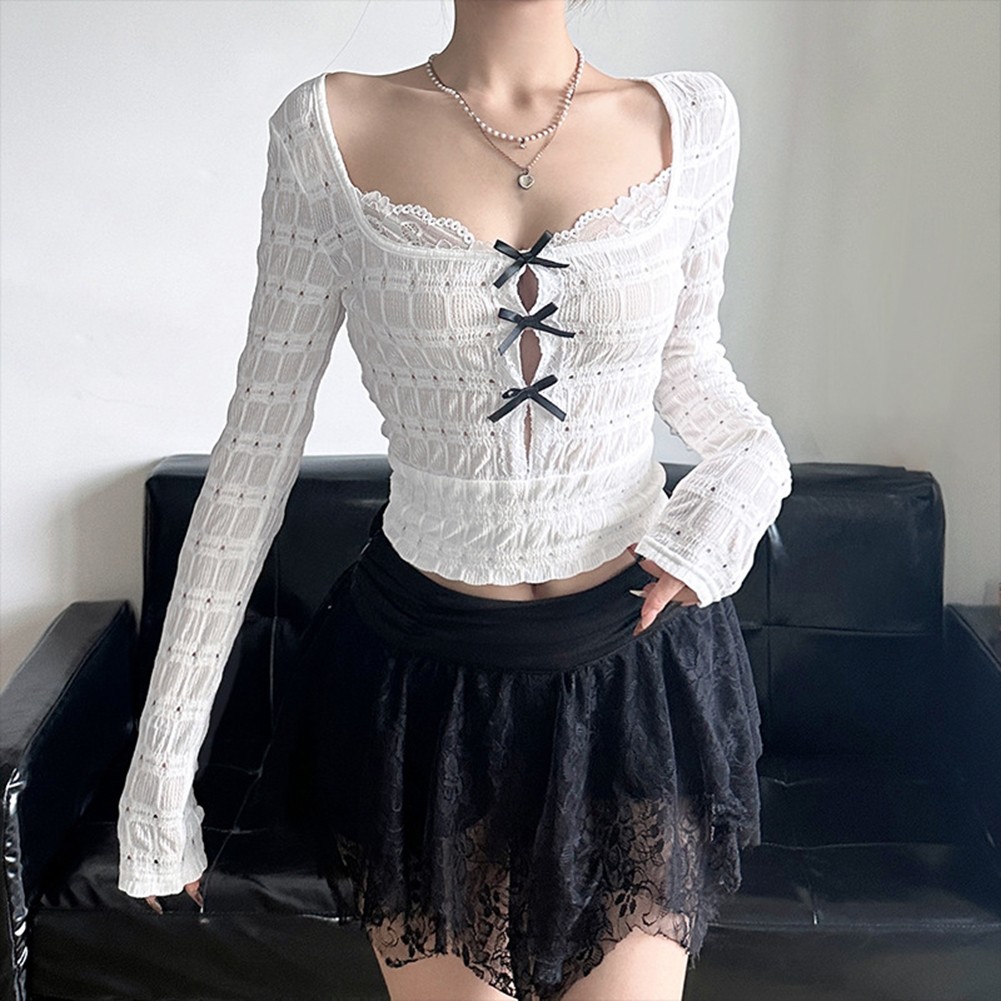 Cute Women's Hollow Bow Long Sleeve Top Made from Soft Polyester Fabric - Picture 13 of 27