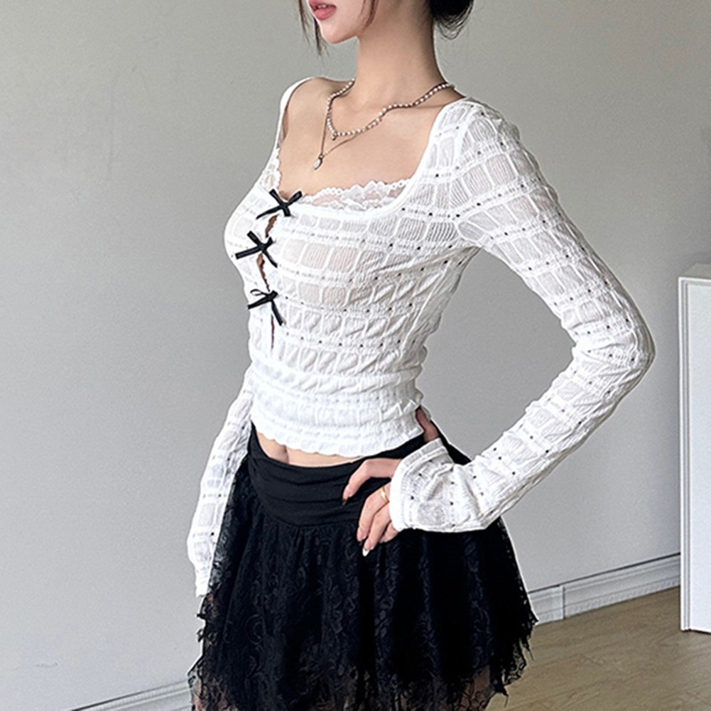 Cute Women's Hollow Bow Long Sleeve Top Made from Soft Polyester Fabric - Picture 17 of 27