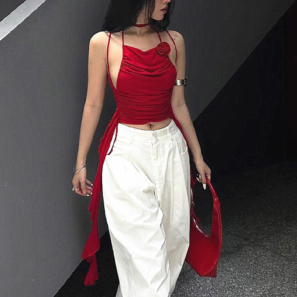 Sleek Halter Neck Slim Fit Vest in Red Featuring 3D Floral Embellishments - Picture 8 of 12