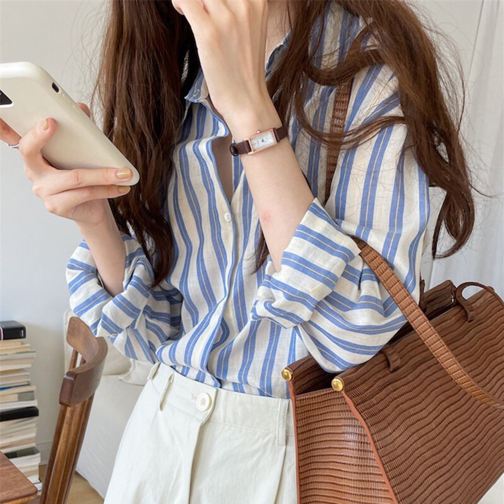 Comfortable Women's Long Sleeve Striped Top with Lapel for Daily Fashion - Picture 15 of 24