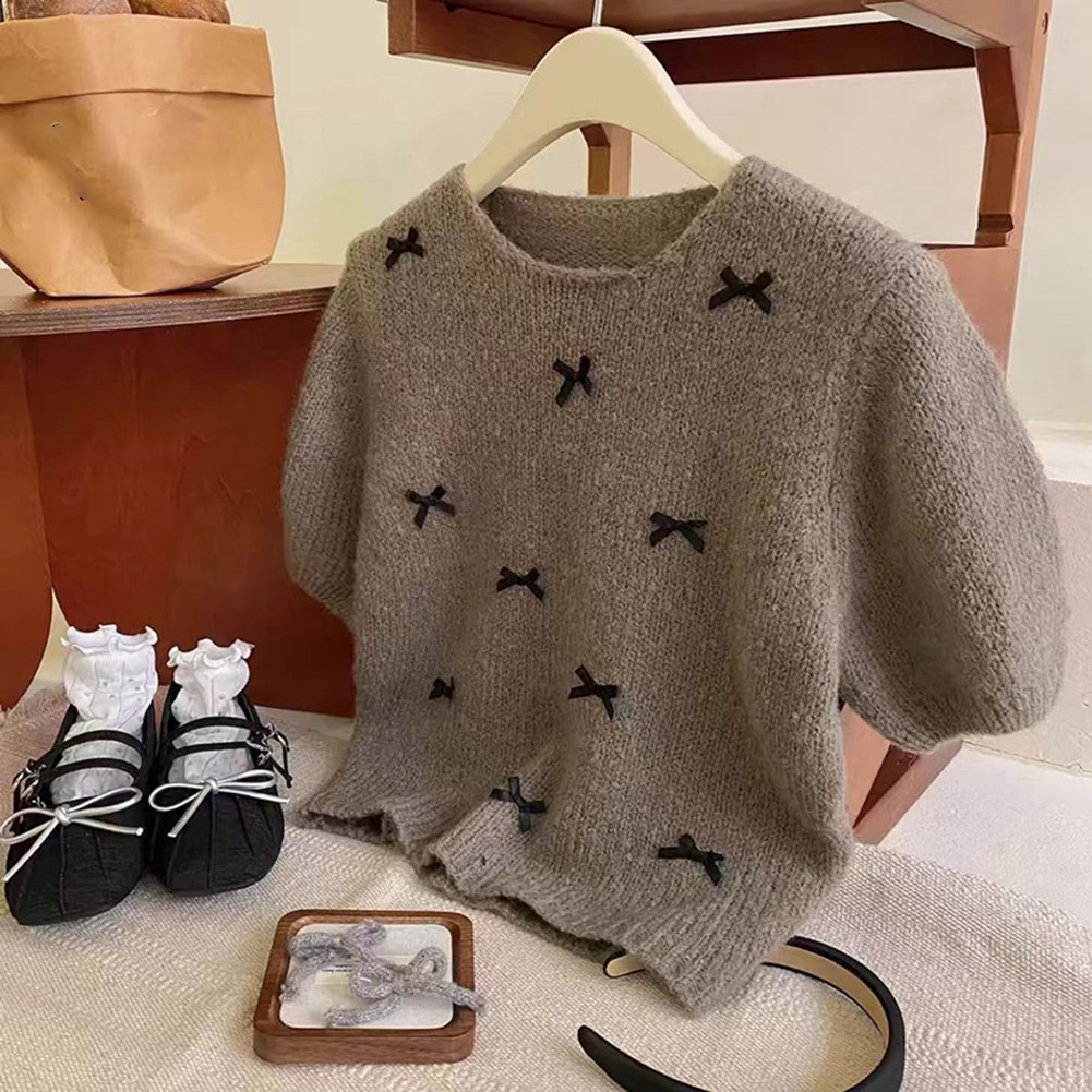 Trendige Basic Damen Oberteile süße Kurzarm Pullover mit Schleifen erhältlich - Bild 16 von 23
