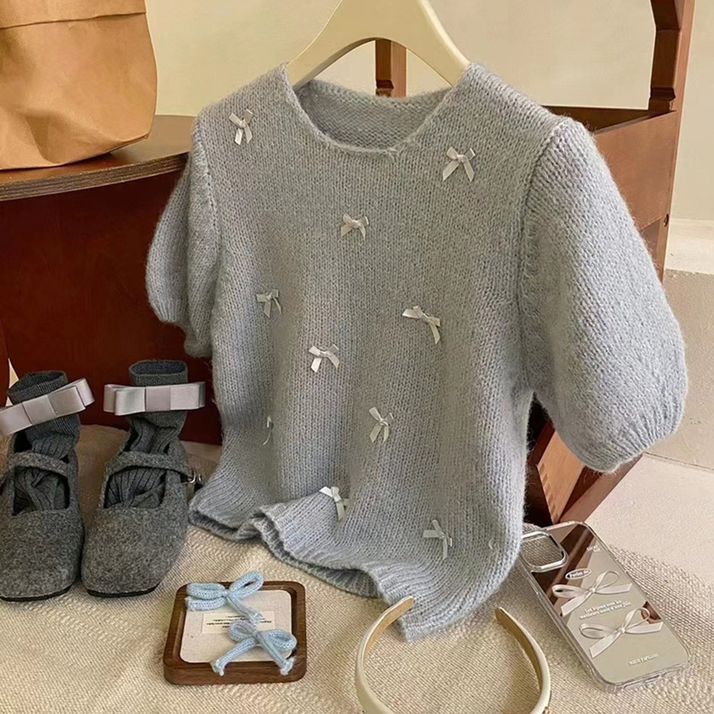 Trendige Basic Damen Oberteile süße Kurzarm Pullover mit Schleifen erhältlich - Bild 19 von 23