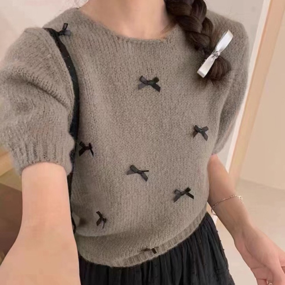 Trendige Basic Damen Oberteile süße Kurzarm Pullover mit Schleifen erhältlich - Bild 17 von 23