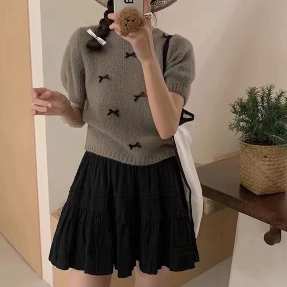 Trendige Basic Damen Oberteile süße Kurzarm Pullover mit Schleifen erhältlich - Bild 18 von 23