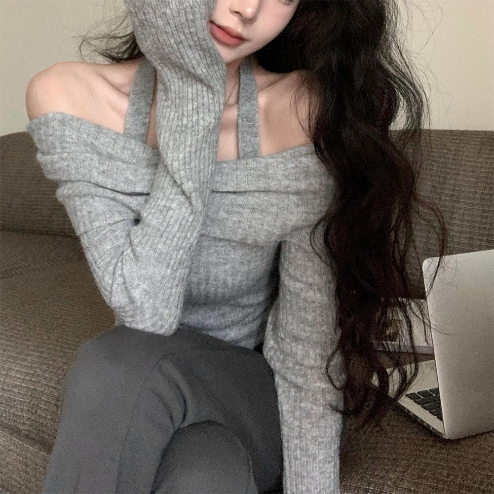 Casual Crop Top Sweater with Long Sleeves and Elegant Off Shoulder Cut - Picture 35 of 40