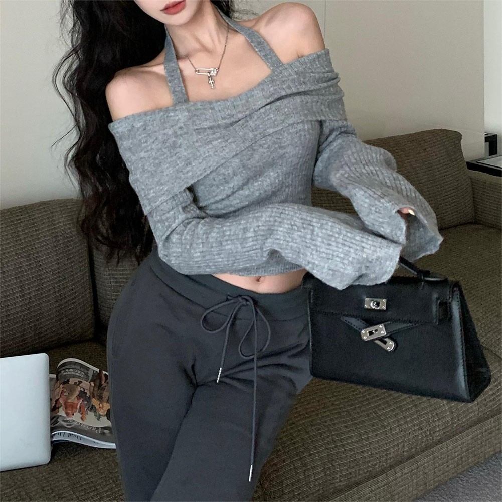 Casual Crop Top Sweater with Long Sleeves and Elegant Off Shoulder Cut - Picture 37 of 40