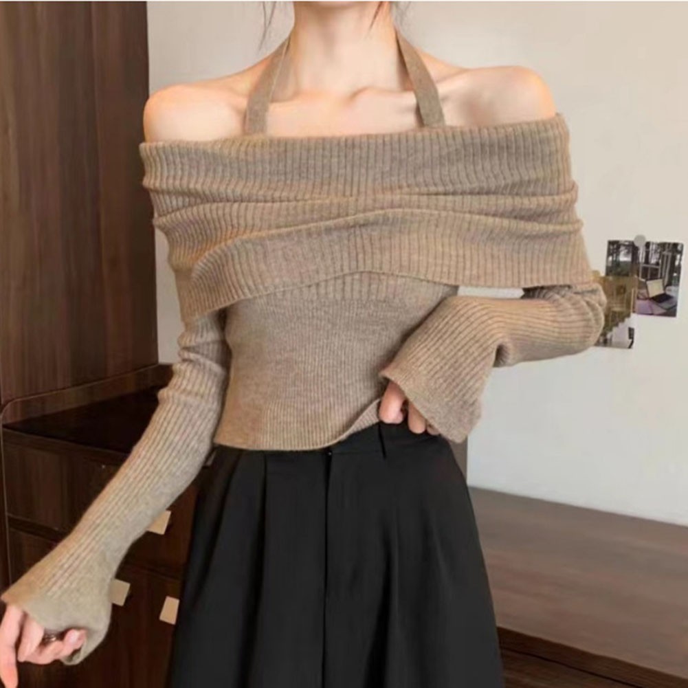 Casual Crop Top Sweater with Long Sleeves and Elegant Off Shoulder Cut - Picture 32 of 40
