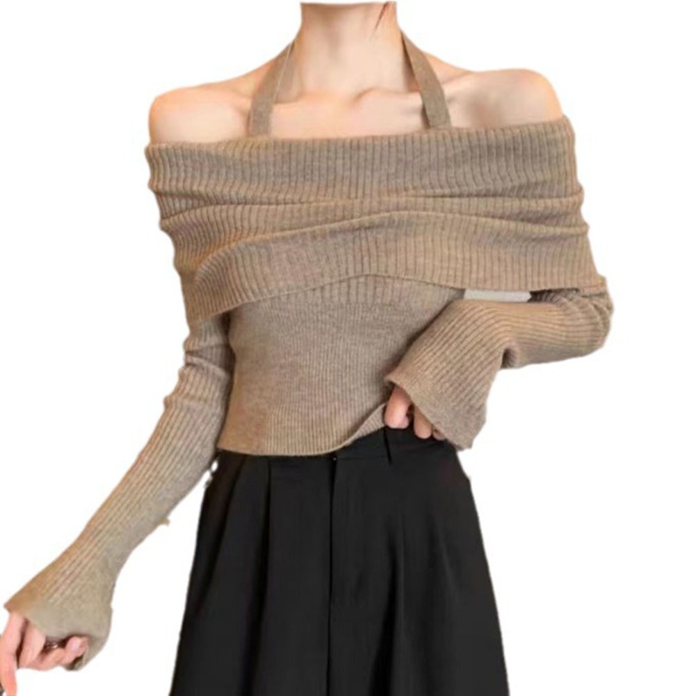 Casual Crop Top Sweater with Long Sleeves and Elegant Off Shoulder Cut - Picture 33 of 40