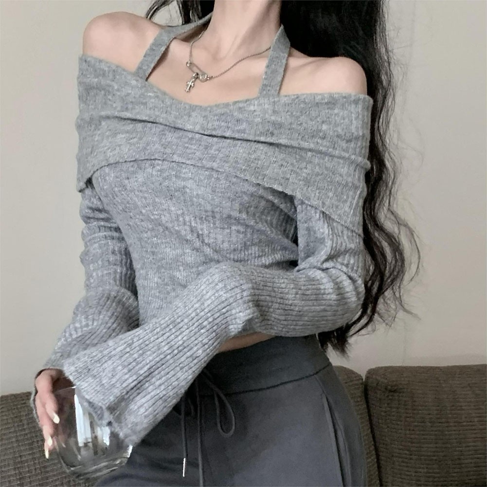 Casual Crop Top Sweater with Long Sleeves and Elegant Off Shoulder Cut - Picture 34 of 40