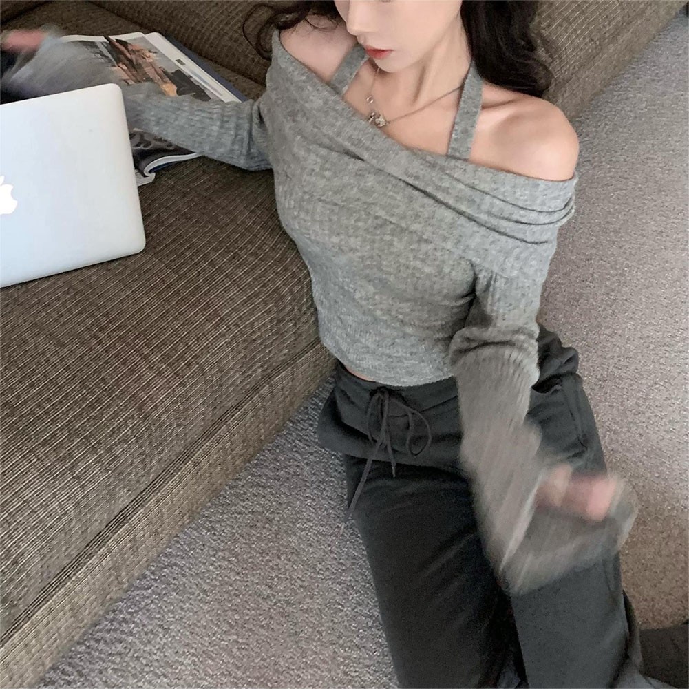 Casual Crop Top Sweater with Long Sleeves and Elegant Off Shoulder Cut - Picture 36 of 40