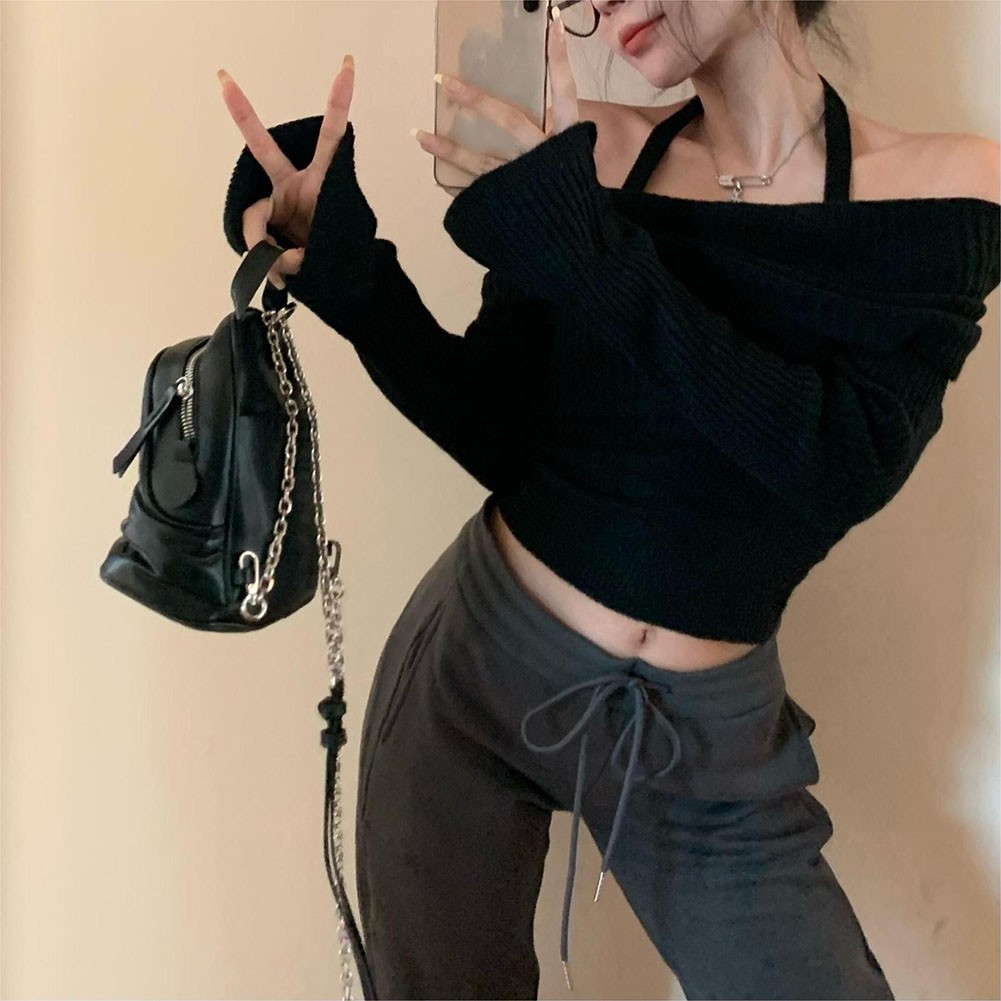 Casual Crop Top Sweater with Long Sleeves and Elegant Off Shoulder Cut - Picture 23 of 40