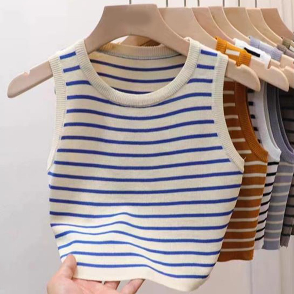 Women Casual T Shirts with Striped Pattern 2024 Sleeveless Knitted Crop Tops