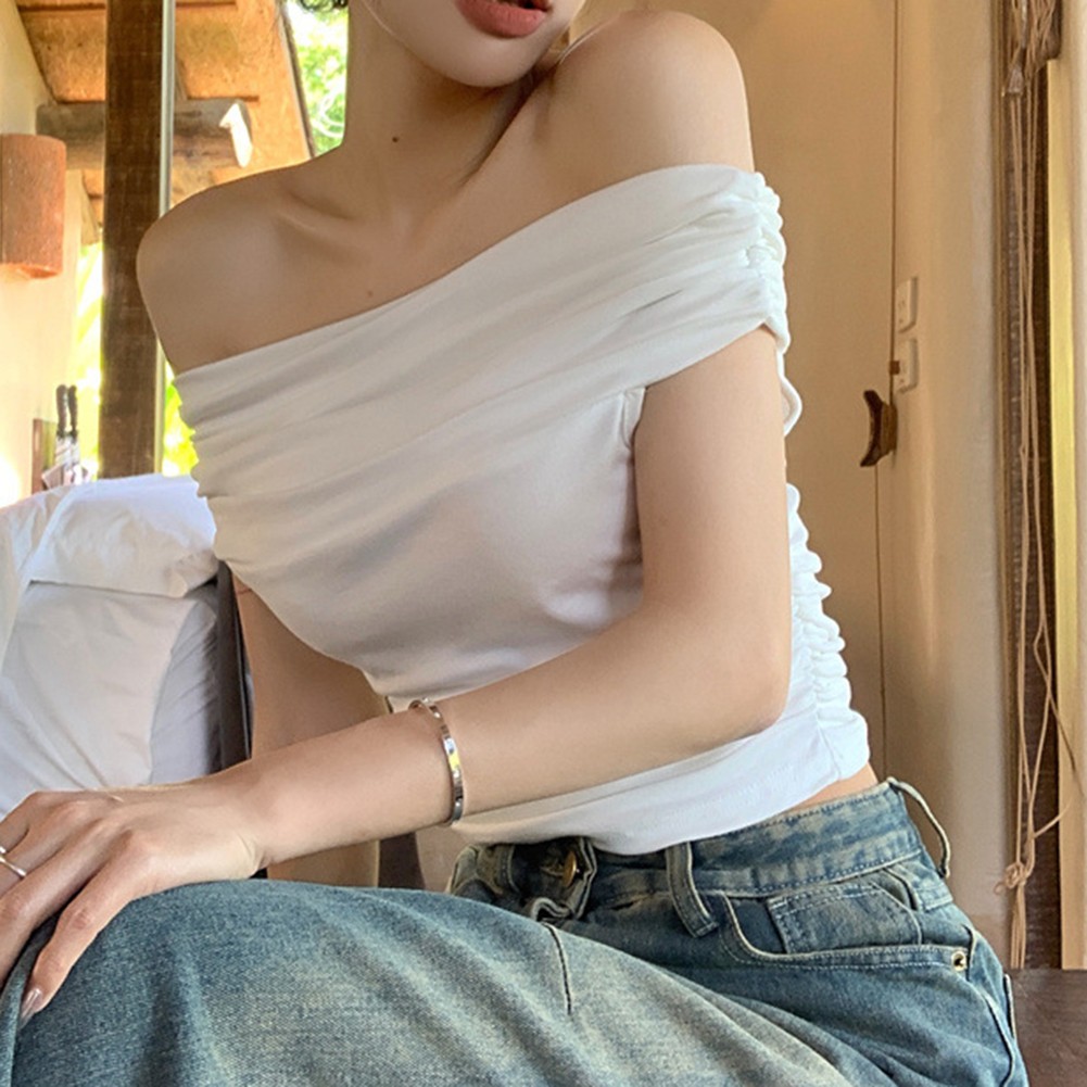 Retro Off Shoulder T Shirt for Women with Short Sleeves and Slim Fit Style - Picture 11 of 22