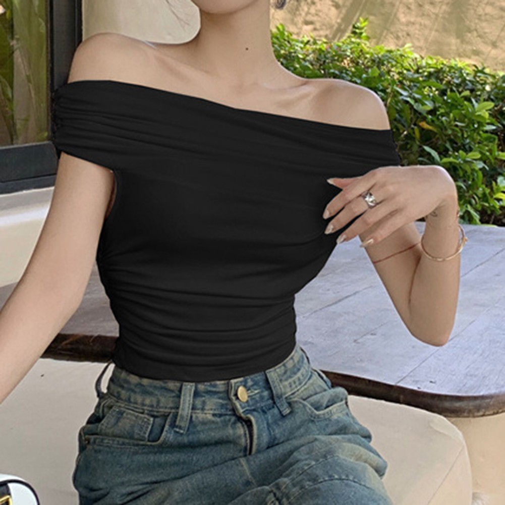 Retro Off Shoulder T Shirt for Women with Short Sleeves and Slim Fit Style - Picture 15 of 22