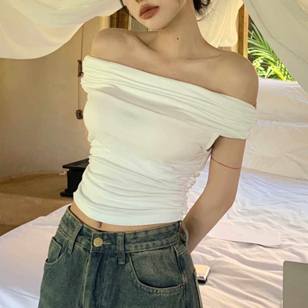 Retro Off Shoulder T Shirt for Women with Short Sleeves and Slim Fit Style - Picture 14 of 22
