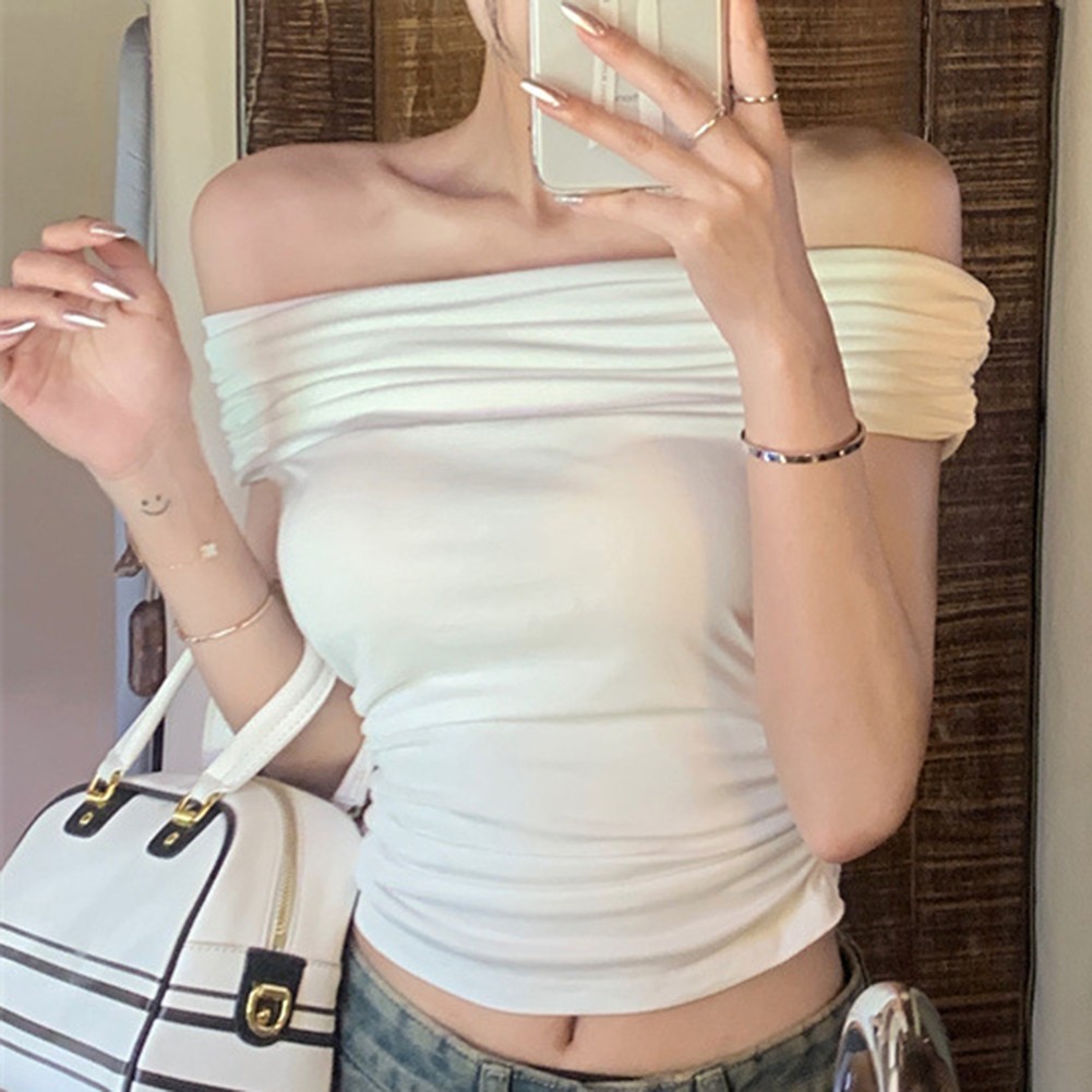 Retro Off Shoulder T Shirt for Women with Short Sleeves and Slim Fit Style - Picture 13 of 22