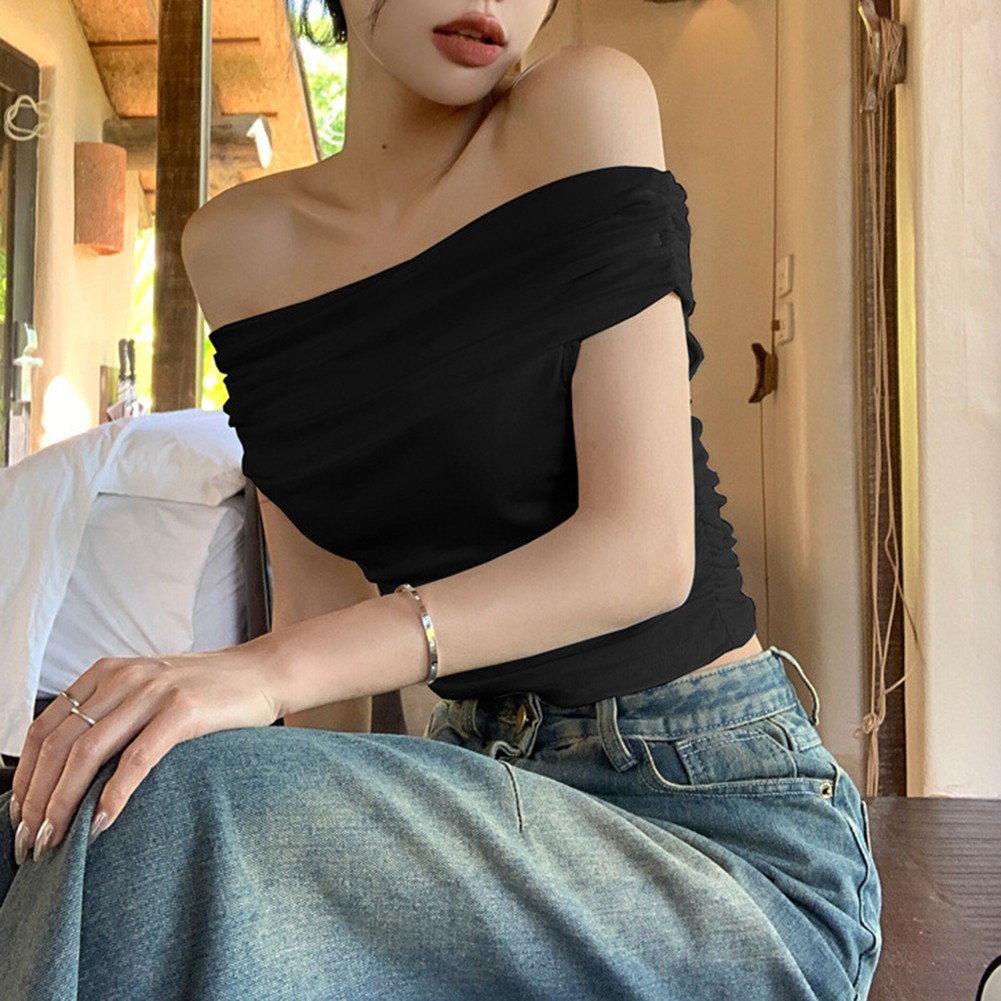 Retro Off Shoulder T Shirt for Women with Short Sleeves and Slim Fit Style - Picture 16 of 22