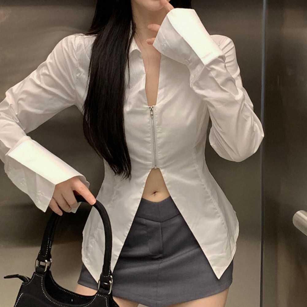 Polyester Long Sleeve Zipper Shirt for Women Fashion Casual Lapel Collar - Picture 14 of 32