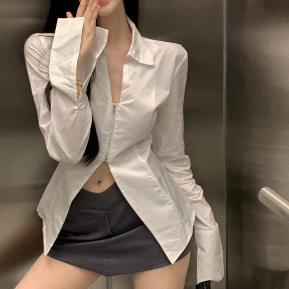 Polyester Long Sleeve Zipper Shirt for Women Fashion Casual Lapel Collar - Picture 13 of 32