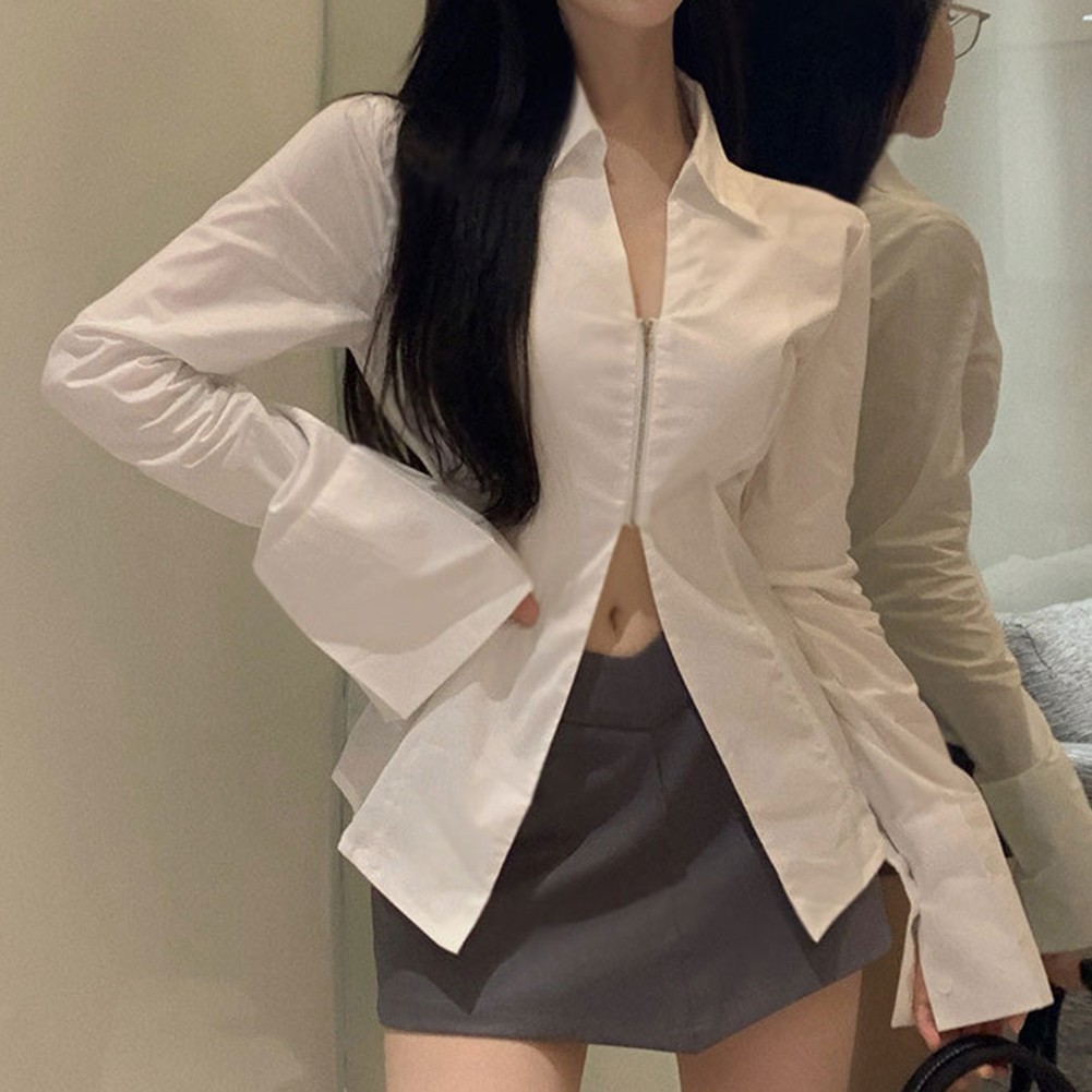 Polyester Long Sleeve Zipper Shirt for Women Fashion Casual Lapel Collar - Picture 16 of 32
