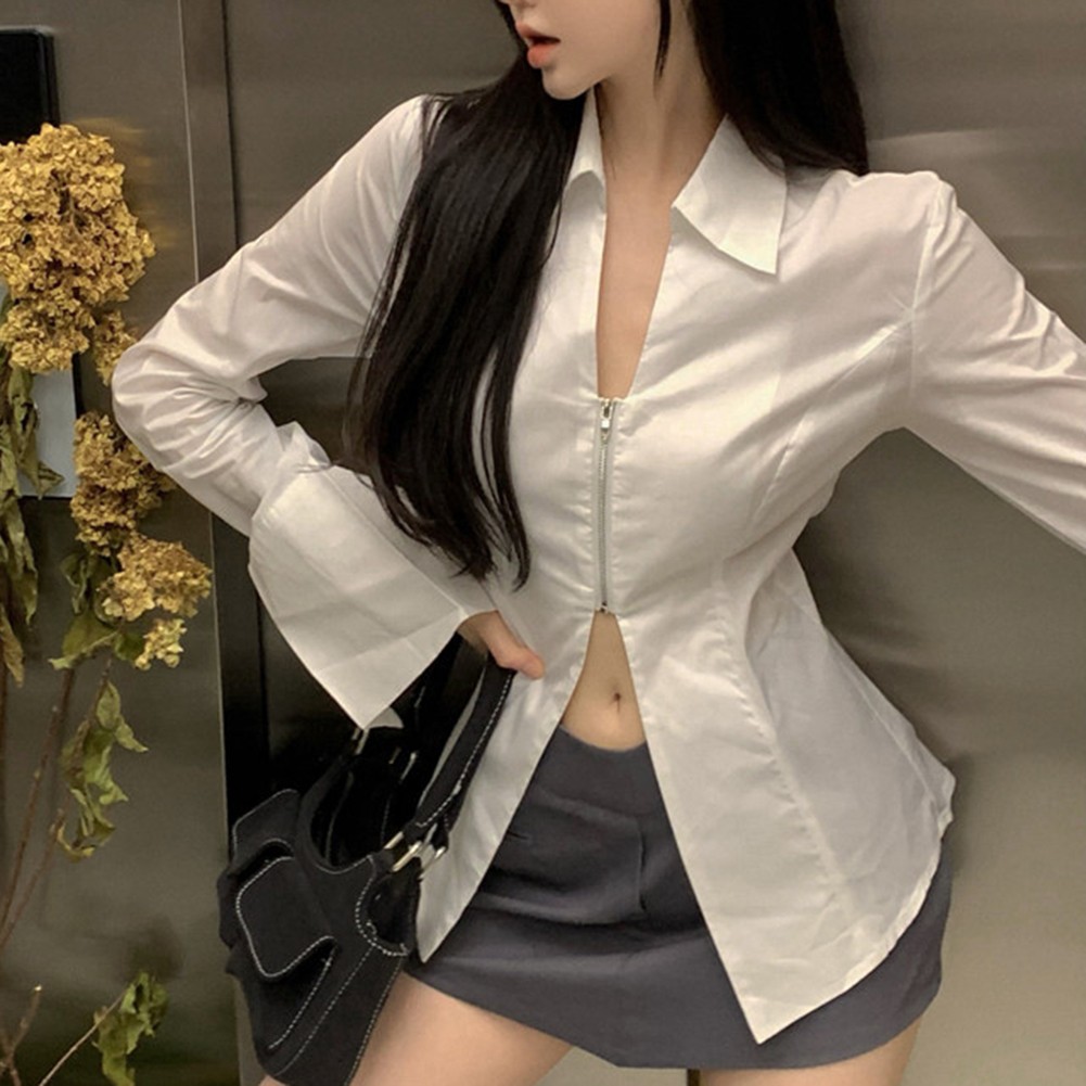Polyester Long Sleeve Zipper Shirt for Women Fashion Casual Lapel Collar - Picture 15 of 32