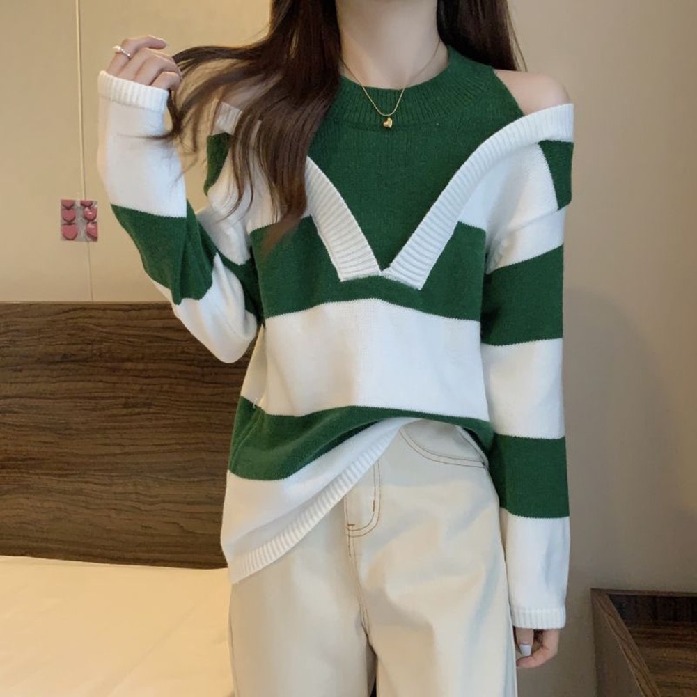 Modern Fake Two Piece Style Offshoulder Sweater in Black Red Green Khaki - Picture 13 of 13